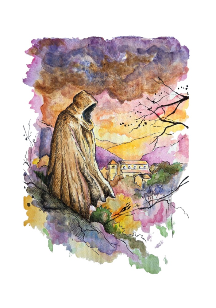 Illustrazione: figura incappucciata in un paesaggio calabrese al tramonto